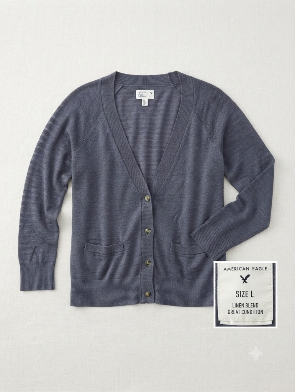 American Eagle Blue Gray Linen Blend Button Cardigan Sweater Large